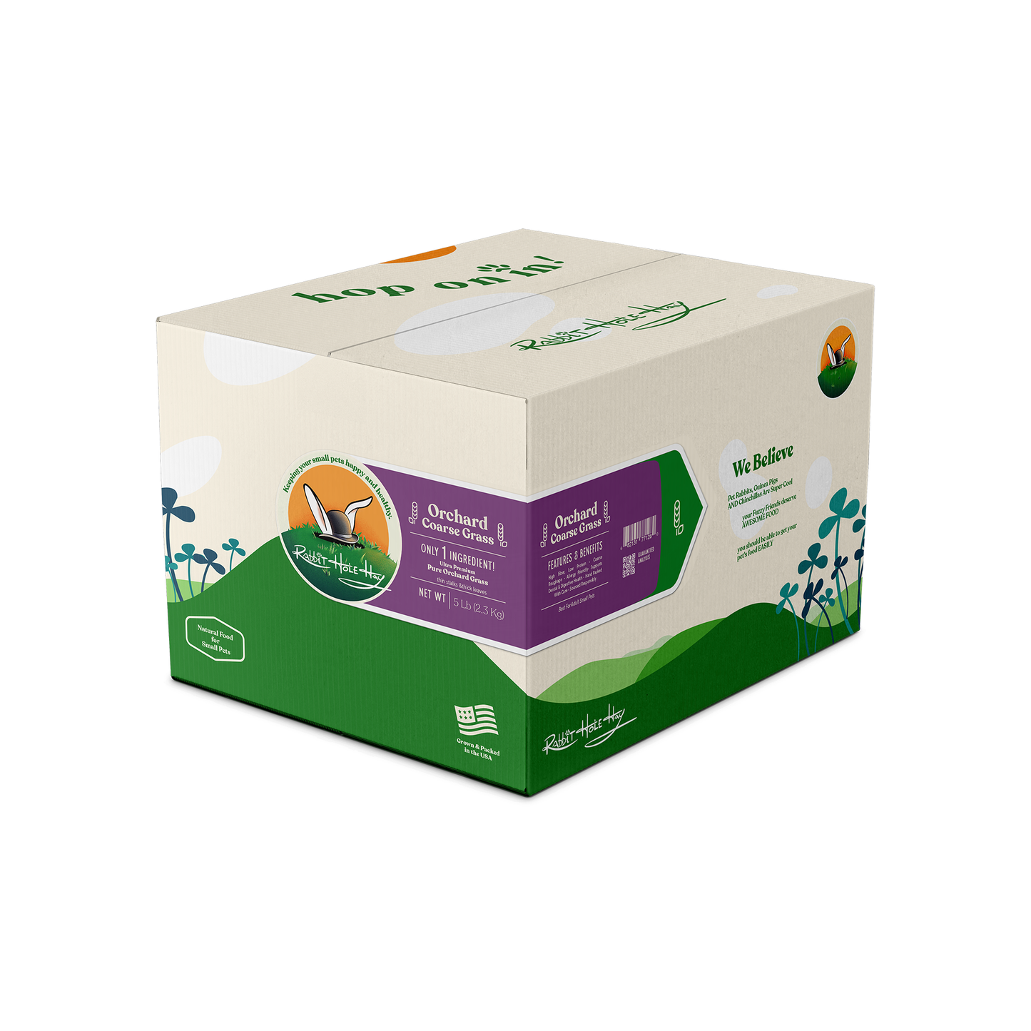 Rabbit Hole Hay Ultra Premium Coarse Orchard Grass hay in a clear bag, showing the lush, coarse green grass suitable for small animals.