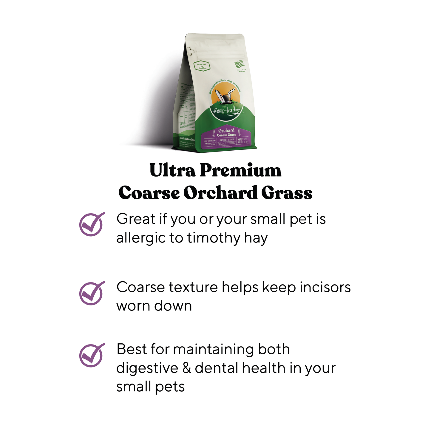 Rabbit Hole Hay Ultra Premium Coarse Orchard Grass hay shown in a clear image, highlighting its texture and quality for small animals.