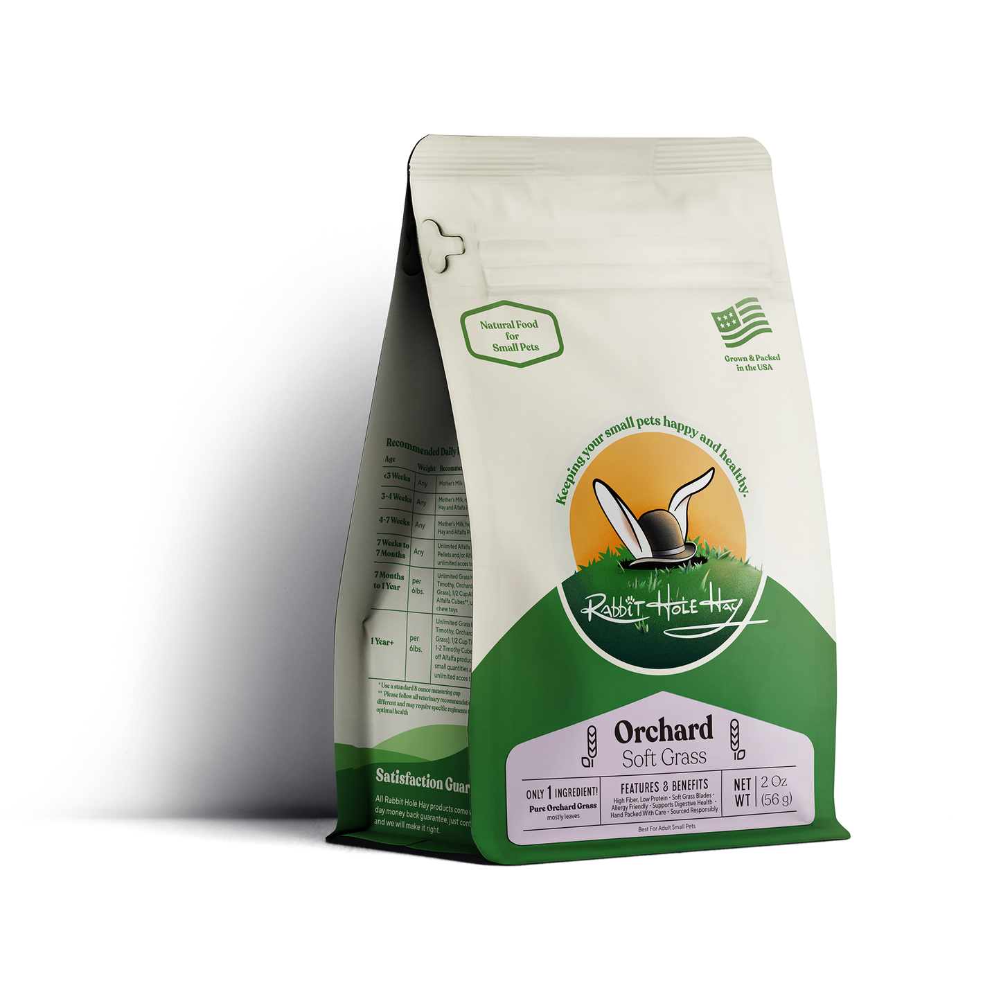 Rabbit Hole Hay Ultra Premium Orchard Grass hay in a clear bag, showcasing soft, fresh green orchard grass for small animals.
