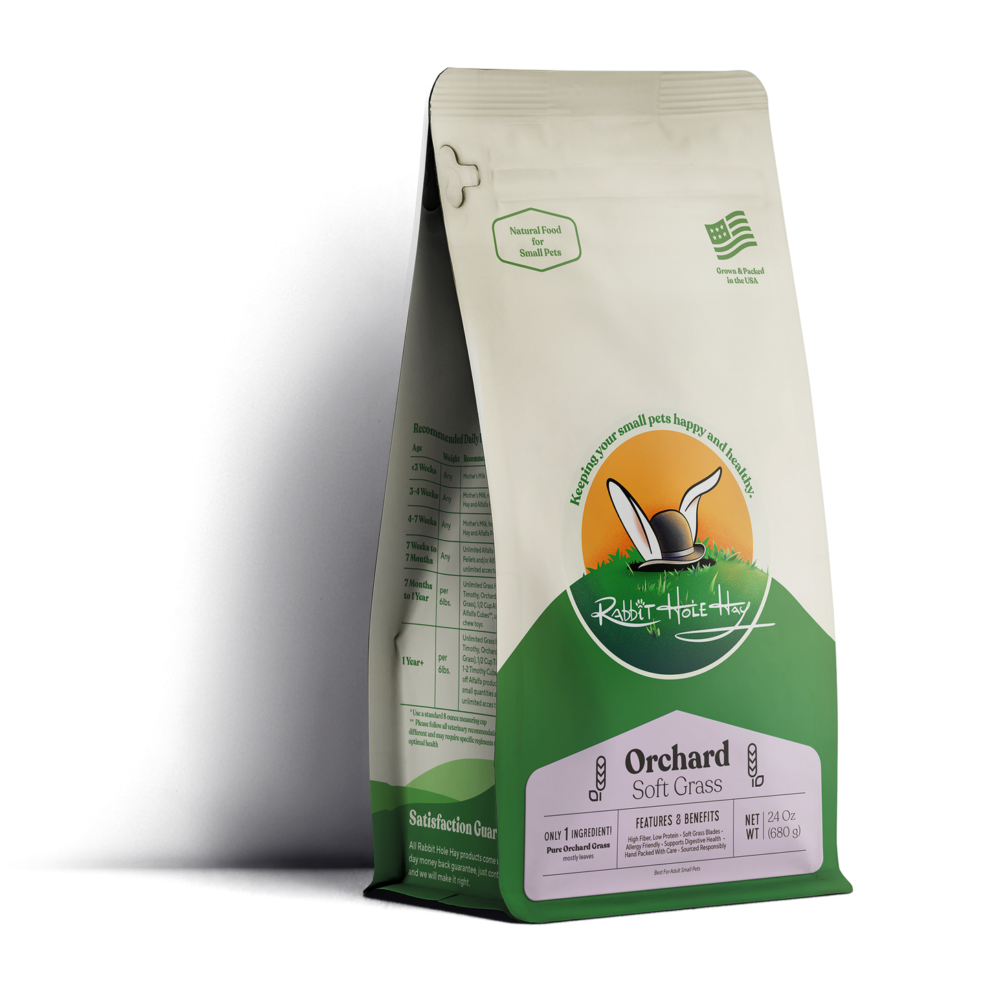 Rabbit Hole Hay Ultra Premium Soft Orchard Grass hay for small animals, showcasing lush green, soft, high-quality hay in a natural setting.
