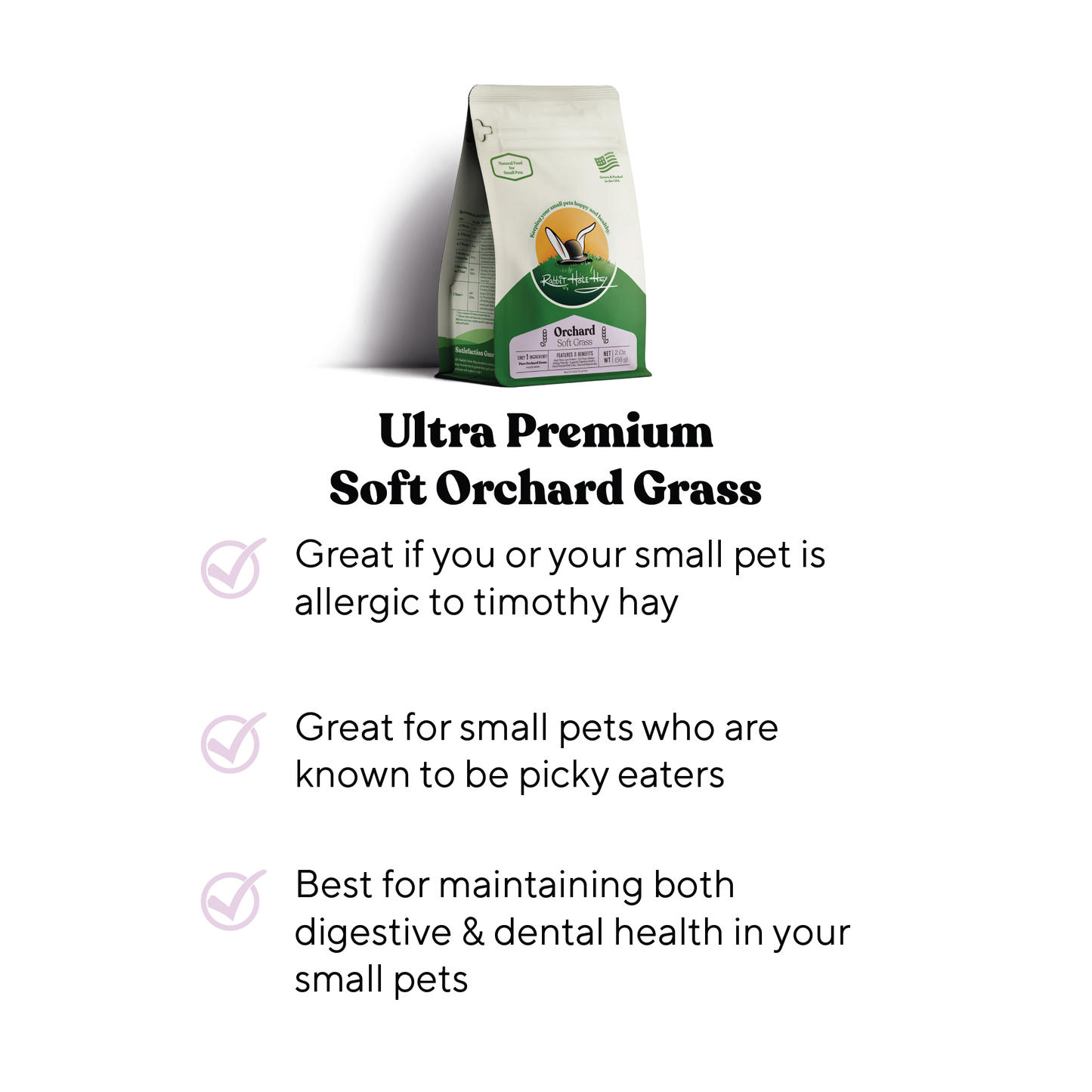 Rabbit Hole Hay ultra premium orchard grass hay, soft and fresh, ideal for small animals like rabbits and guinea pigs.