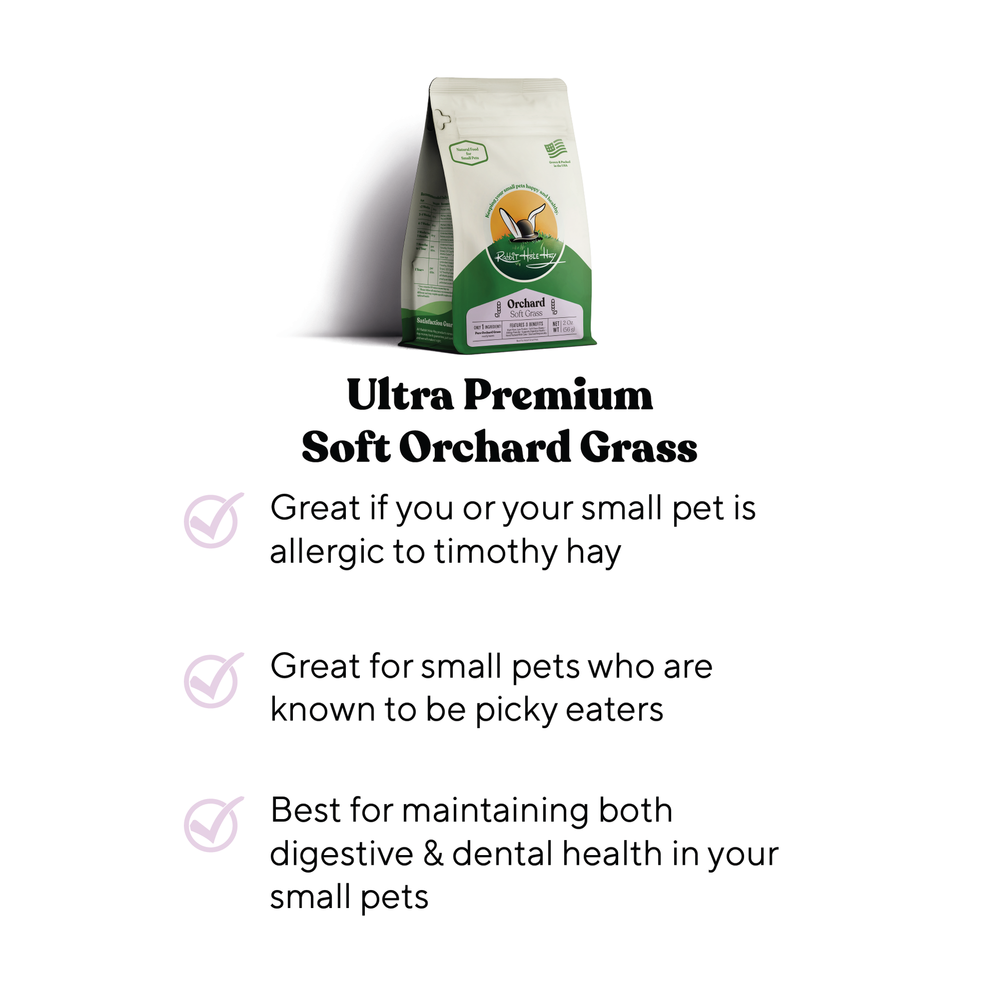 Rabbit Hole Hay ultra premium orchard grass hay, soft and fresh, ideal for small animals like rabbits and guinea pigs.