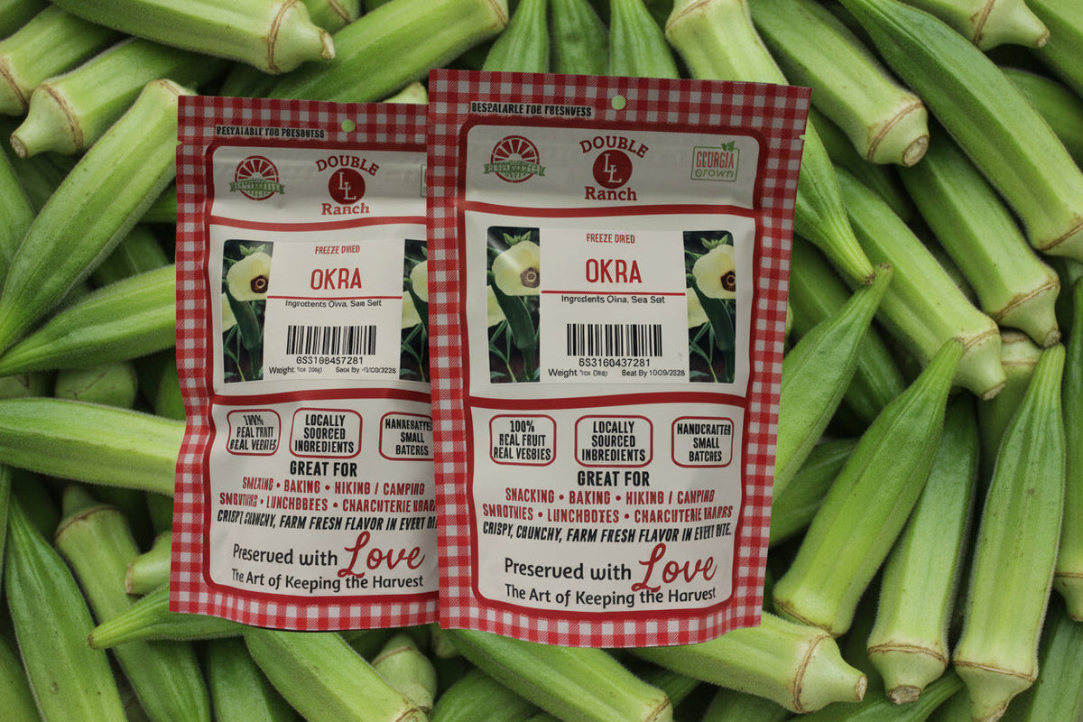 Freeze dried okra by Double L Ranch, showing vibrant green, sliced okra pods in a natural, close-up view.