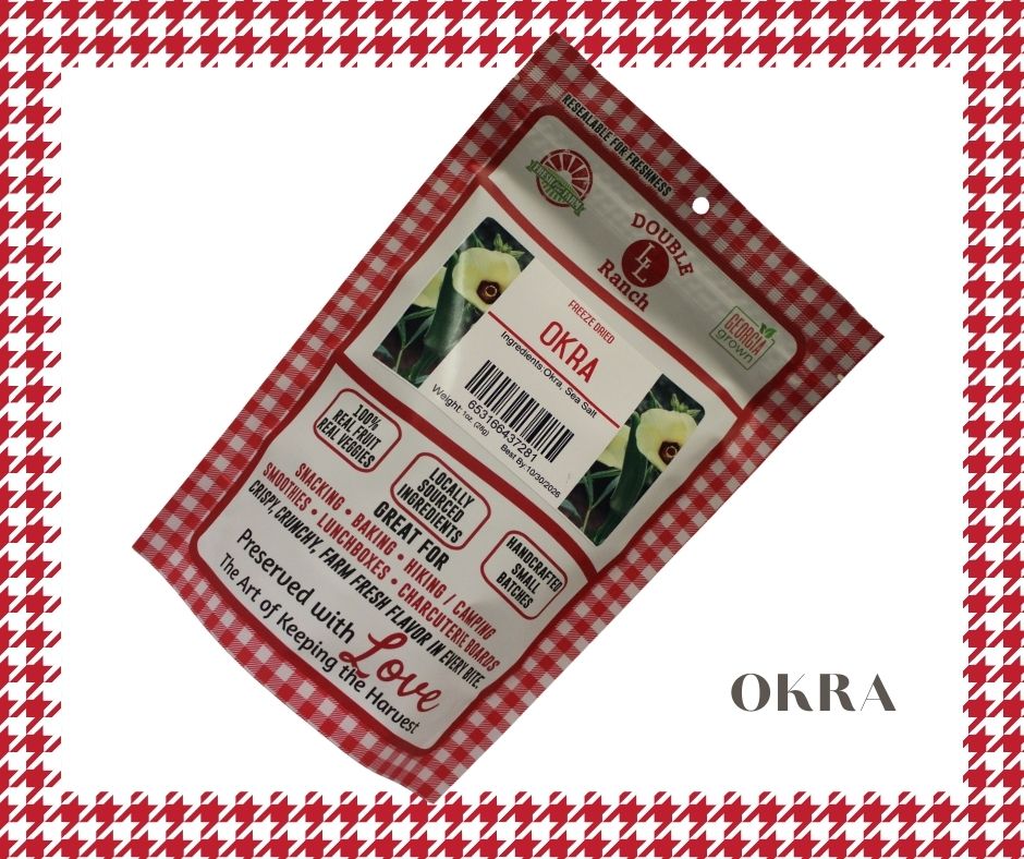 Freeze dried okra from Double L Ranch, showing vibrant green, sliced pieces with a crisp texture on a white background.