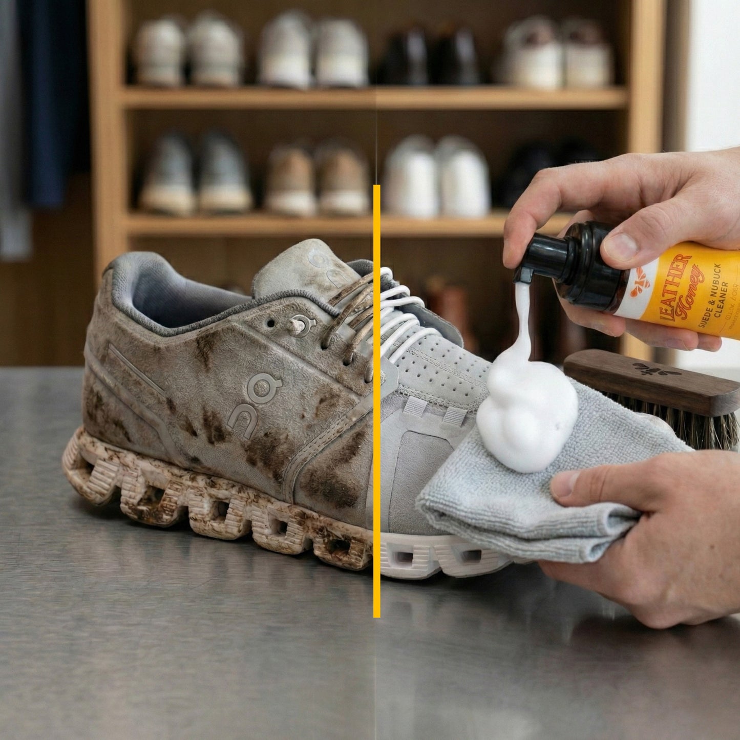 Leather Honey suede and nubuck cleaner showing before and after results on leather shoes and accessories.