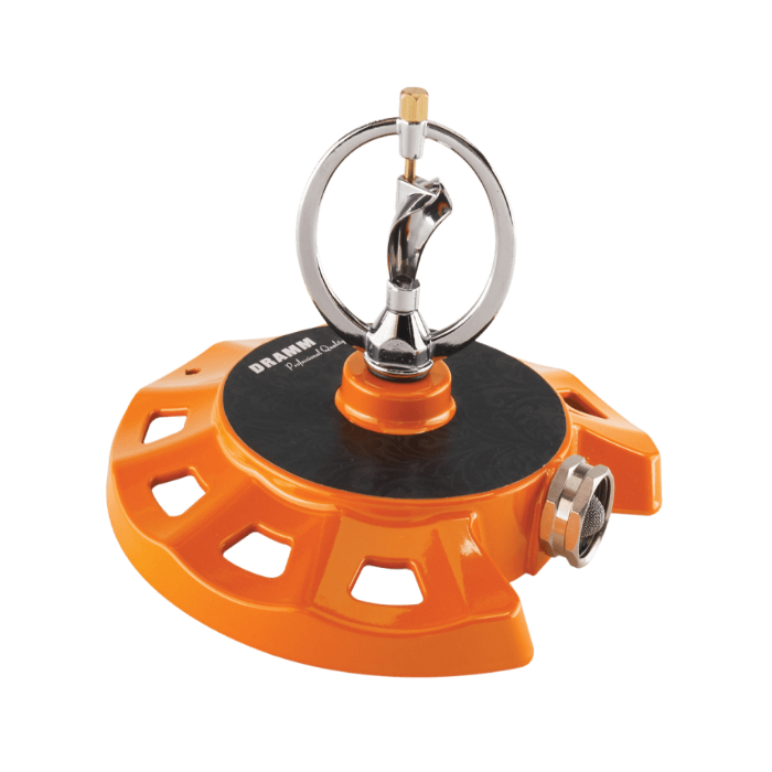 Orange Dramm ColorStorm Spinning Sprinkler for garden watering, designed to evenly distribute water over lawns and flower beds.