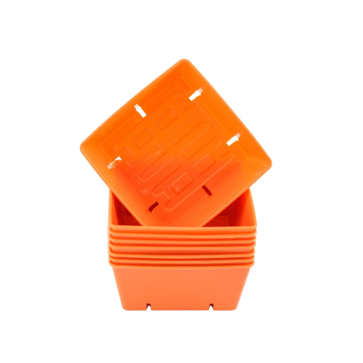 Orange Bootstrap Farmer 5x5 grow trays with extra strength inserts for seed starting and propagation.