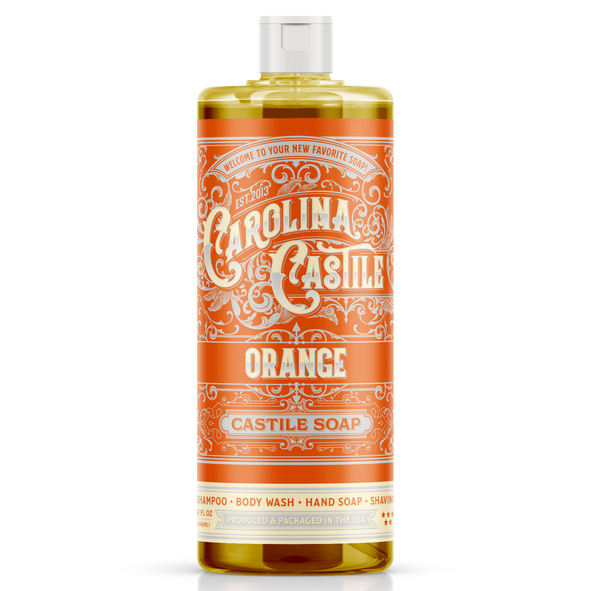 Orange Castile Soap by Carolina Castile Soap, 32 oz bottle with bright orange liquid soap visible in a clear pump bottle.