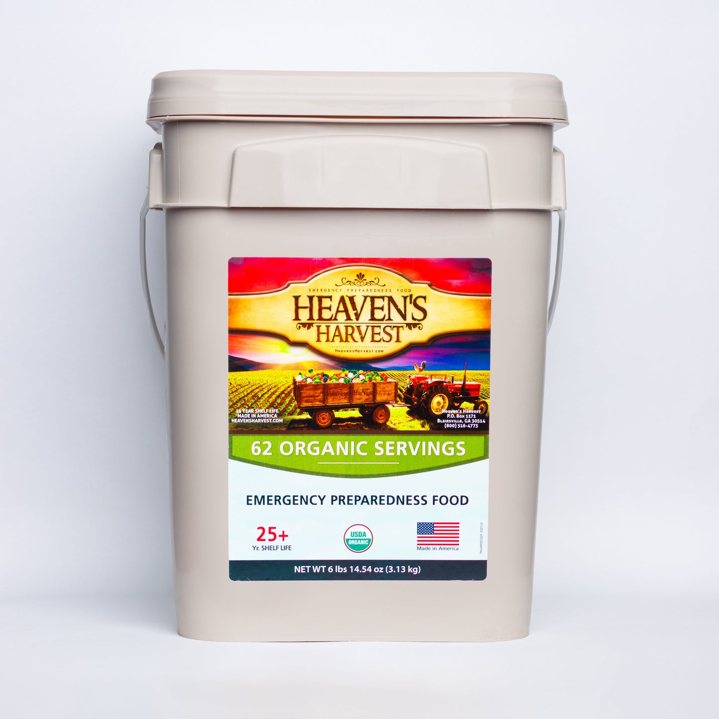 Organic meal bucket by Heaven's Harvest with 62 servings for one person, featuring a variety of healthy, shelf-stable emergency food.