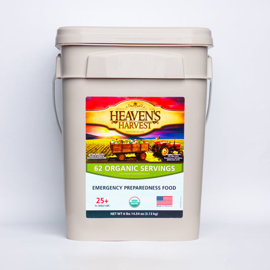 Organic meal bucket by Heaven's Harvest with 62 servings for one person, featuring a variety of healthy, shelf-stable emergency food.