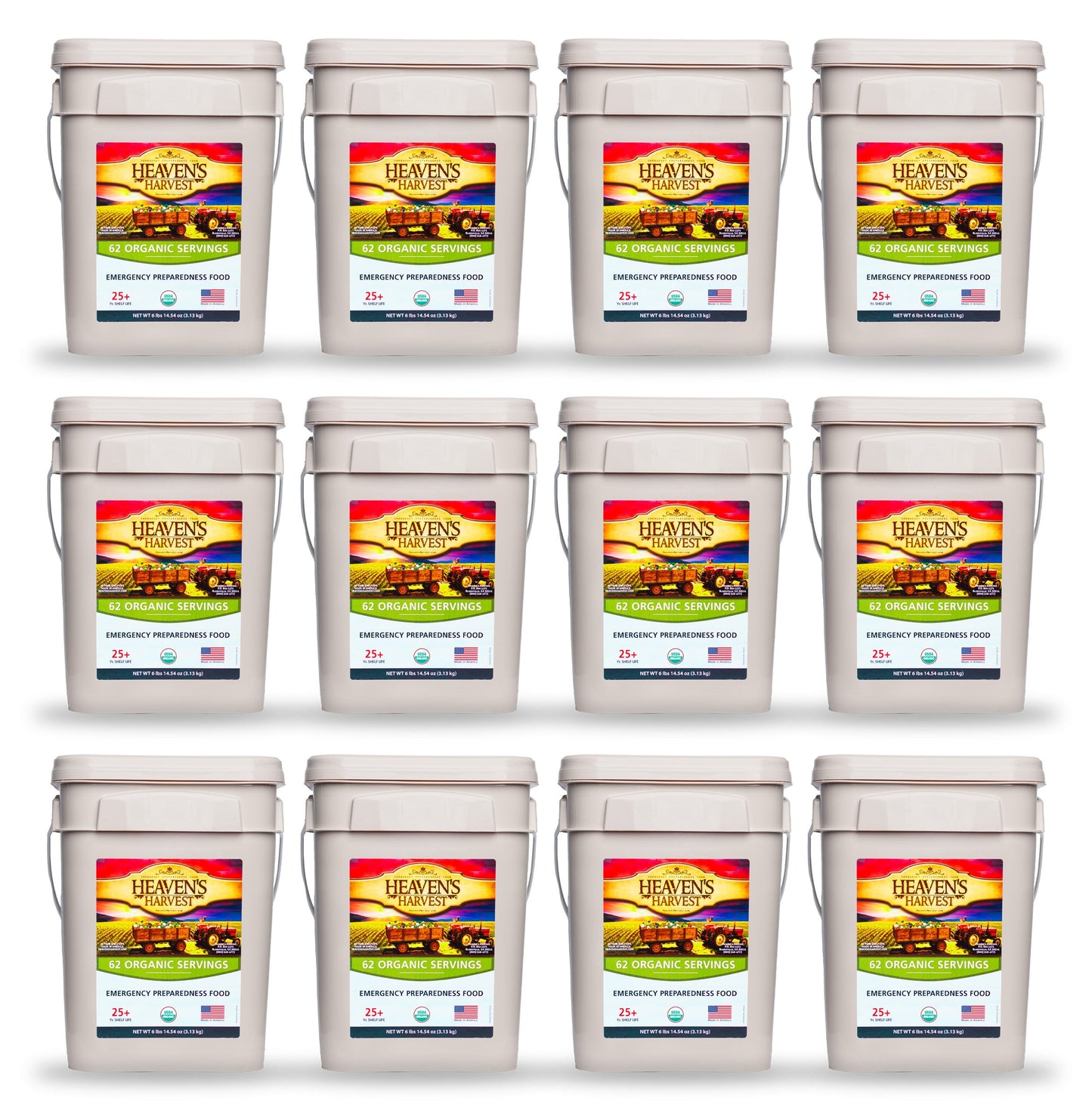 Organic Meal Bucket from Heaven's Harvest, 12-pack of survival food buckets with sealed organic emergency meals.