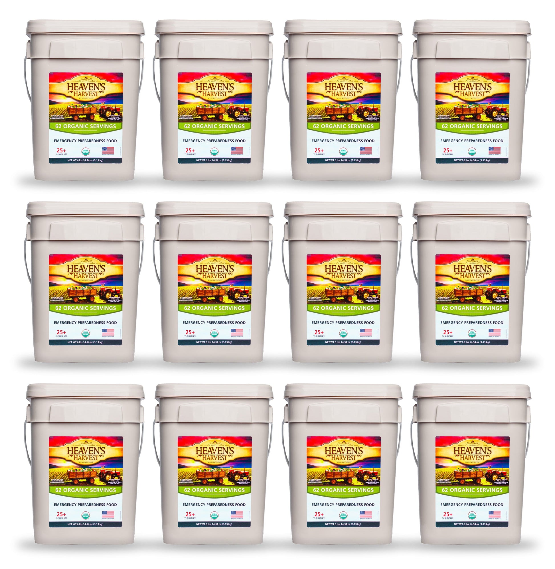 Organic Meal Bucket from Heaven's Harvest, 12-pack of survival food buckets with sealed organic emergency meals.