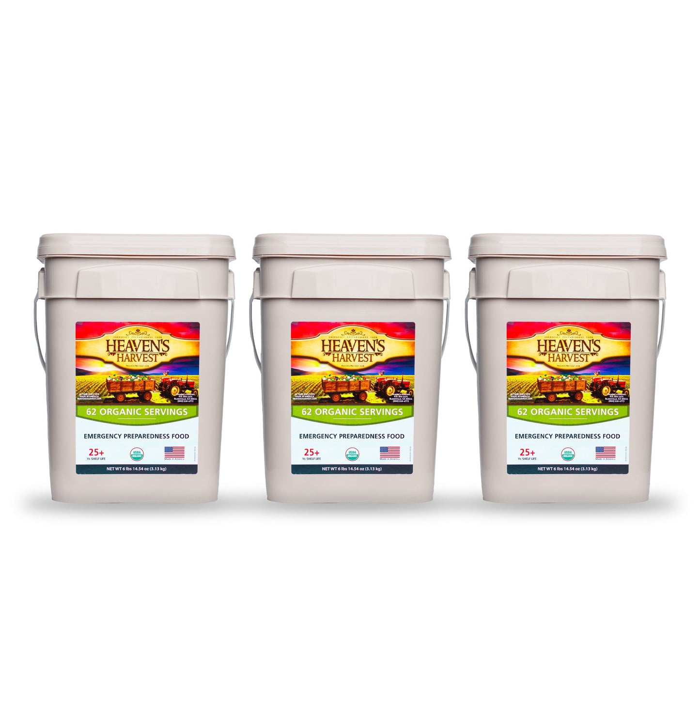 Organic Meal Bucket by Heaven's Harvest with 62 servings for one person, showing a colorful assortment of emergency survival food.