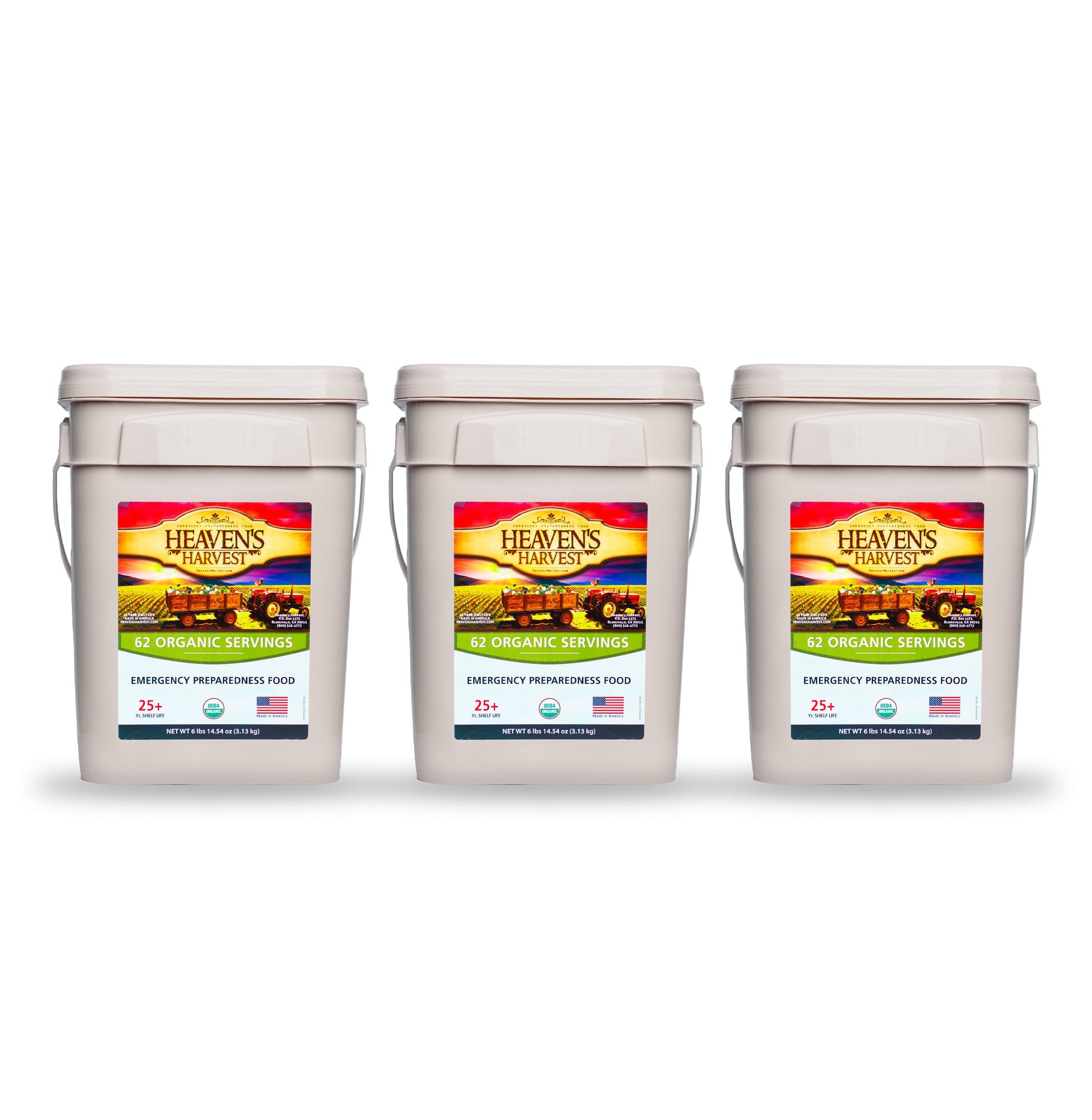 Organic Meal Bucket from Heaven's Harvest, 3-pack emergency survival food kit with sealed buckets and labels showing organic ingredients.