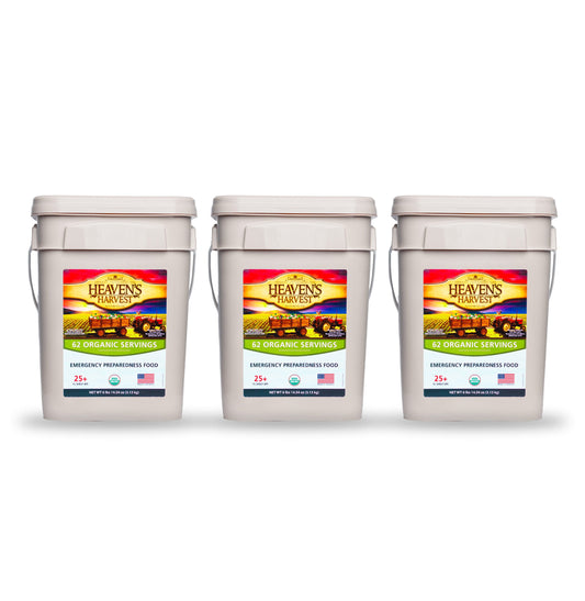 Organic Meal Bucket from Heaven's Harvest, 3-pack emergency survival food kit with sealed buckets and labels showing organic ingredients.