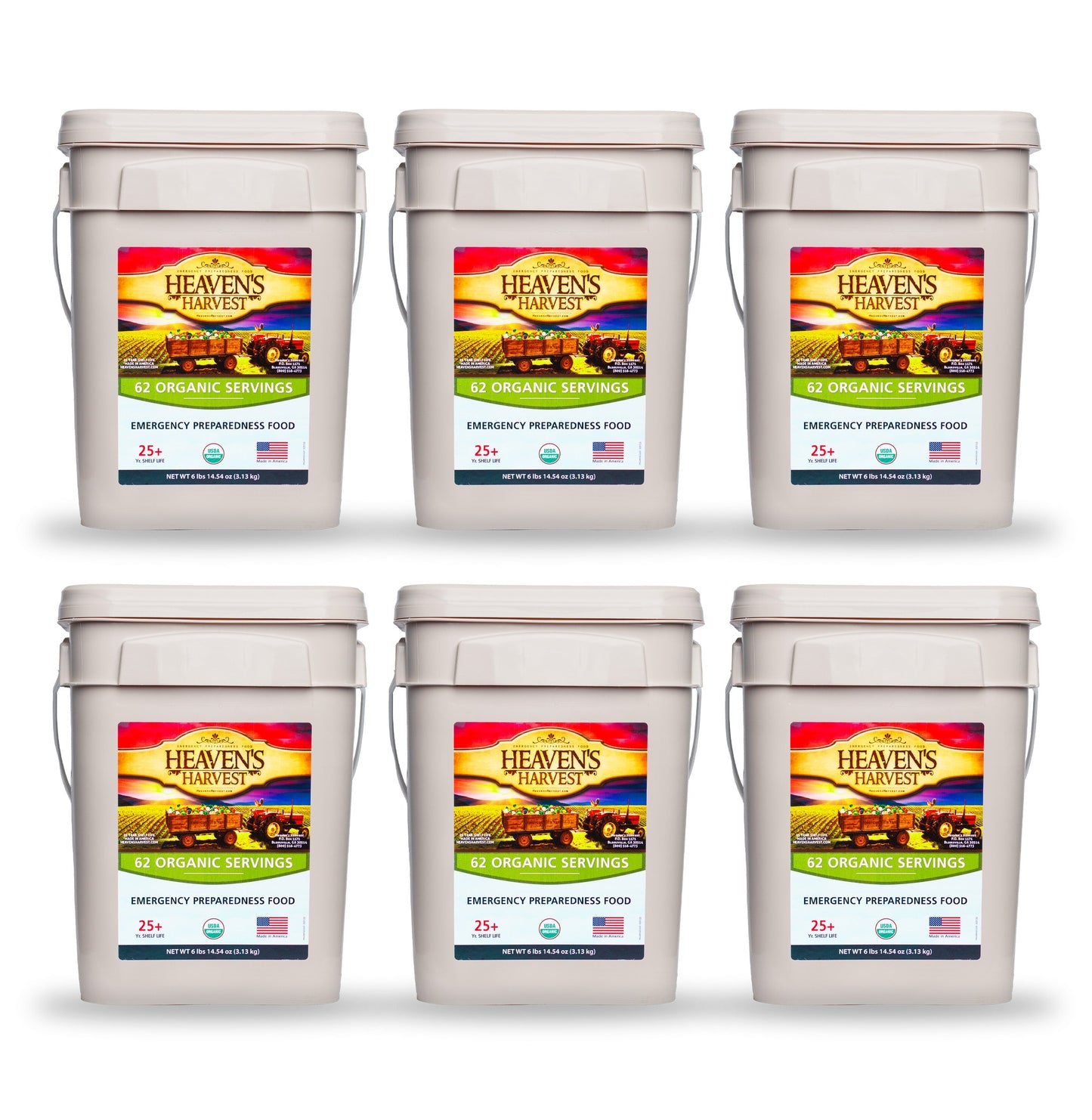 Six-pack of Heaven's Harvest Organic Meal Buckets for emergency food survival, featuring nutritious organic meals in durable containers.