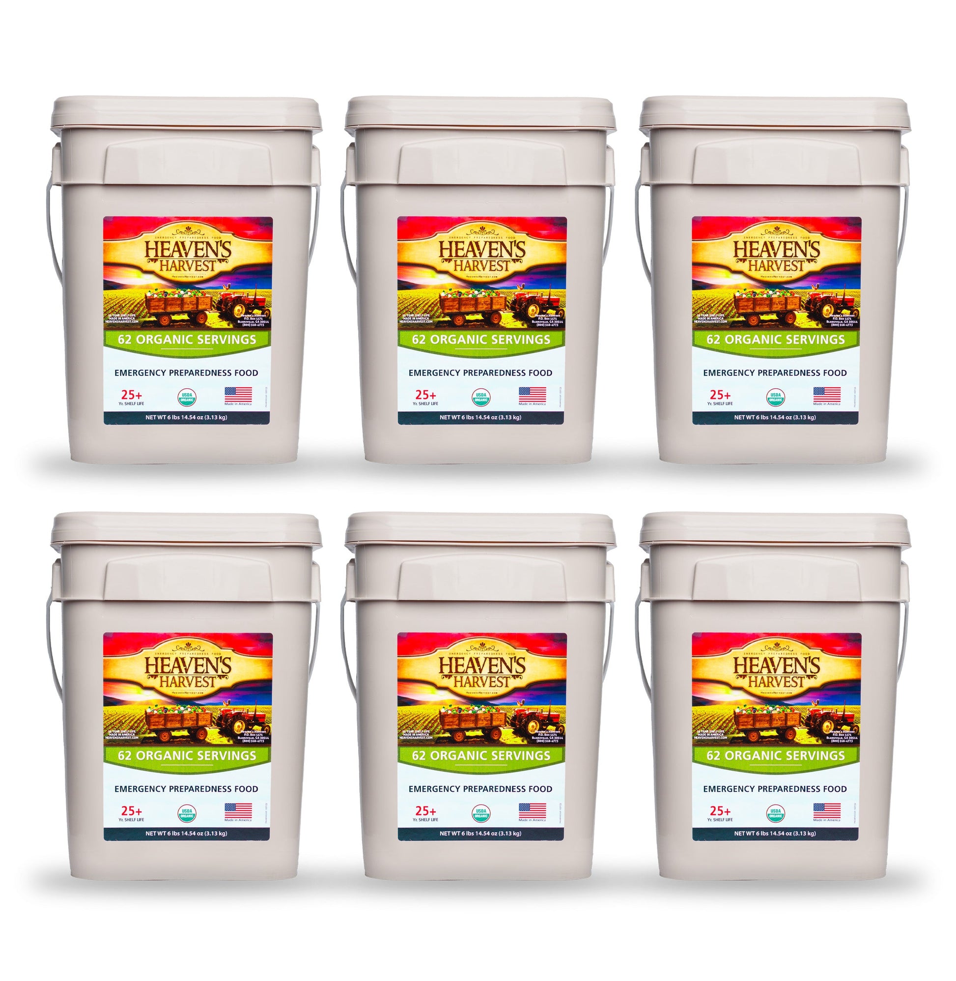 Six-pack of Heaven's Harvest Organic Meal Buckets for emergency food survival, featuring nutritious organic meals in durable containers.
