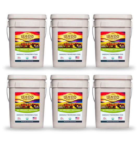 Six-pack of Heaven's Harvest Organic Meal Buckets for emergency food survival, featuring nutritious organic meals in durable containers.