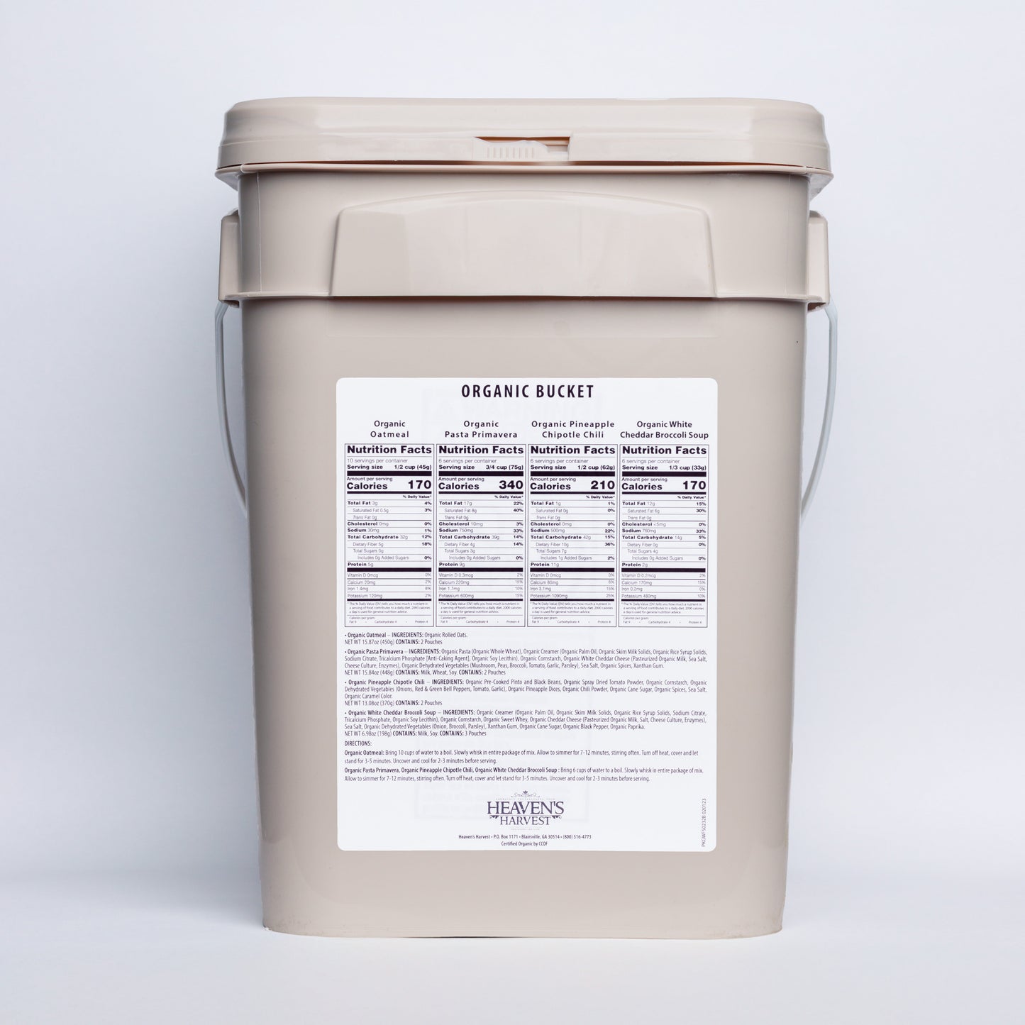 Organic meal bucket by Heaven's Harvest showing 62 servings of emergency survival food for one person, with organic ingredients.