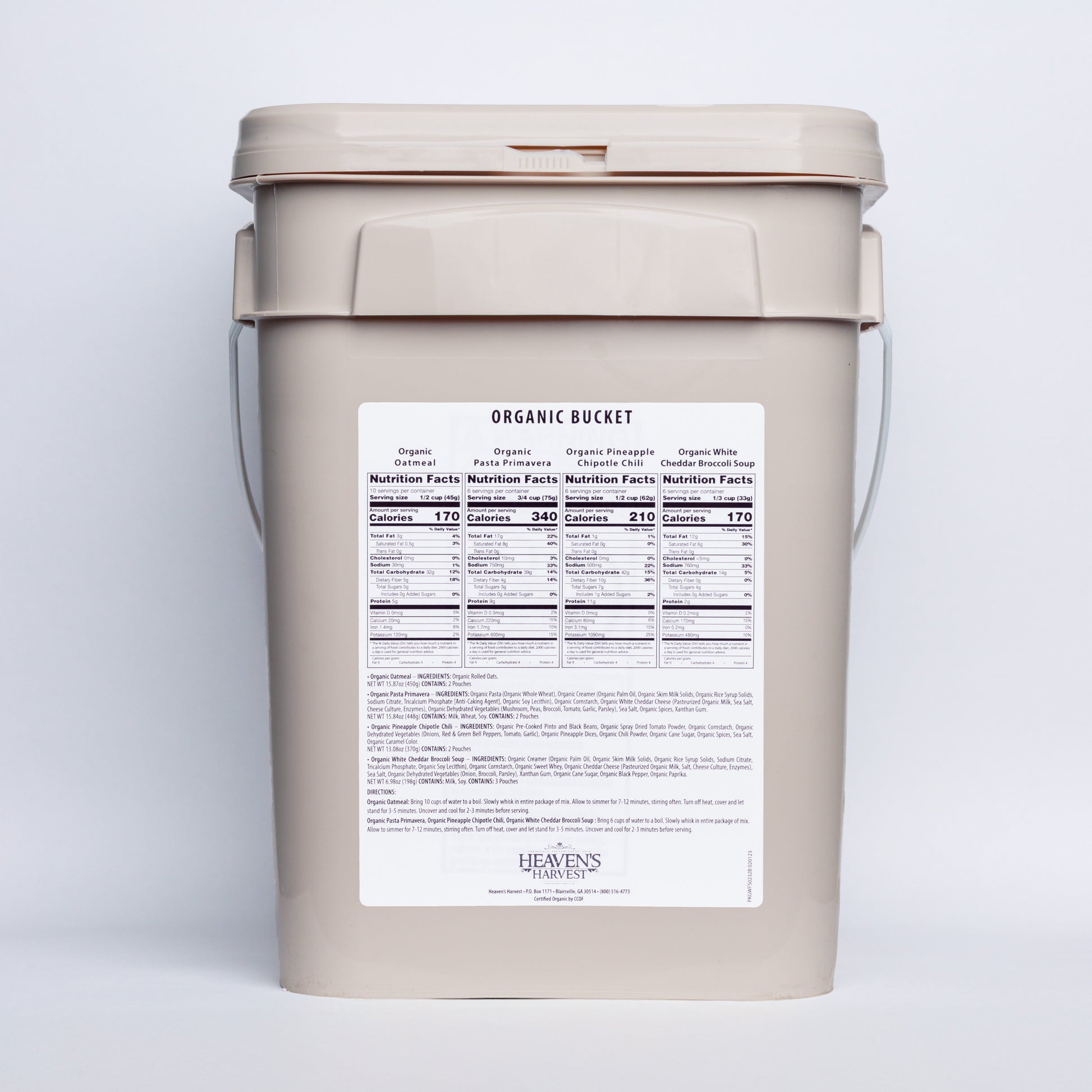 Organic meal bucket by Heaven's Harvest showing 62 servings of emergency survival food for one person, with organic ingredients.