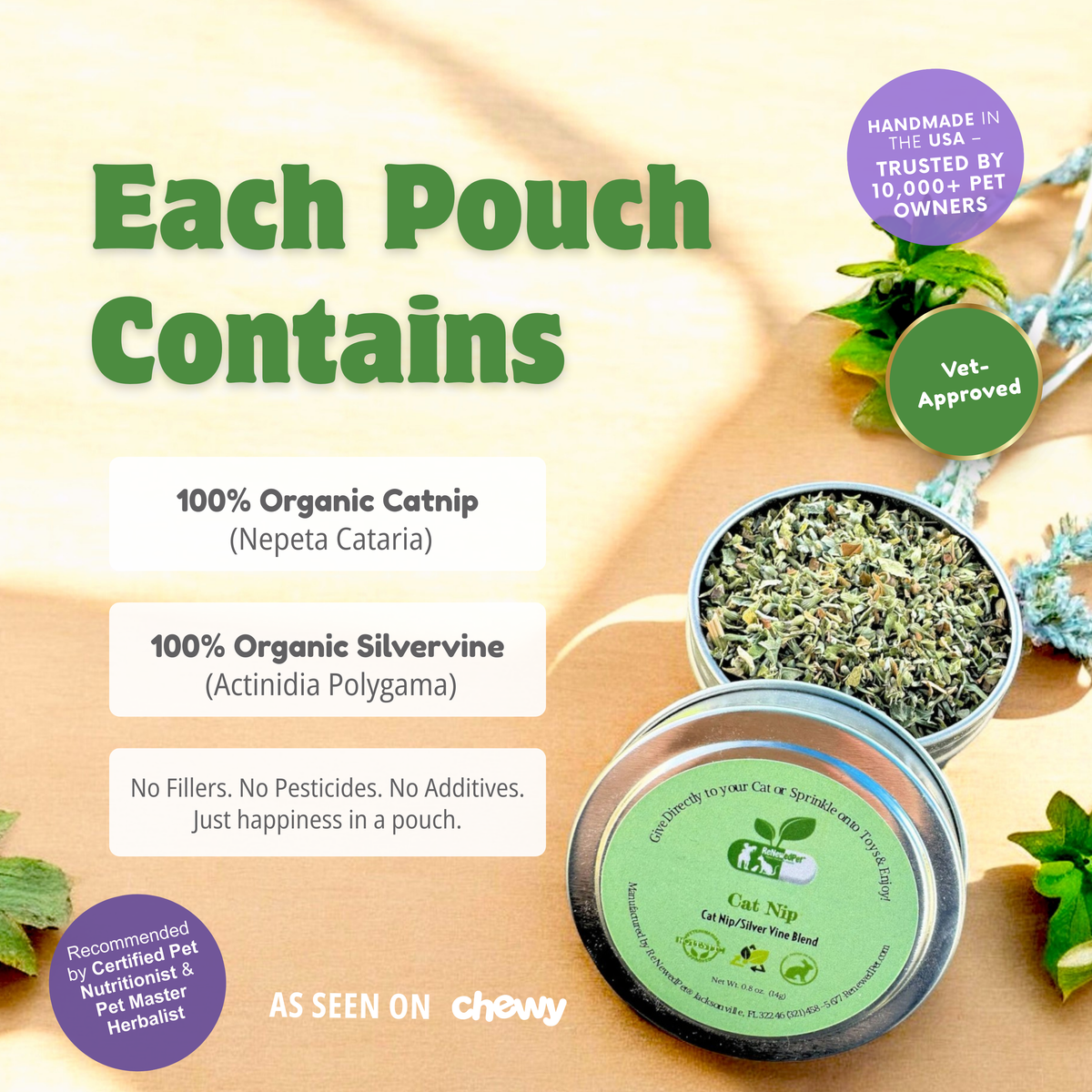 ReNewedPet organic catnip and silver vine mix for cats, shown in a natural loose blend