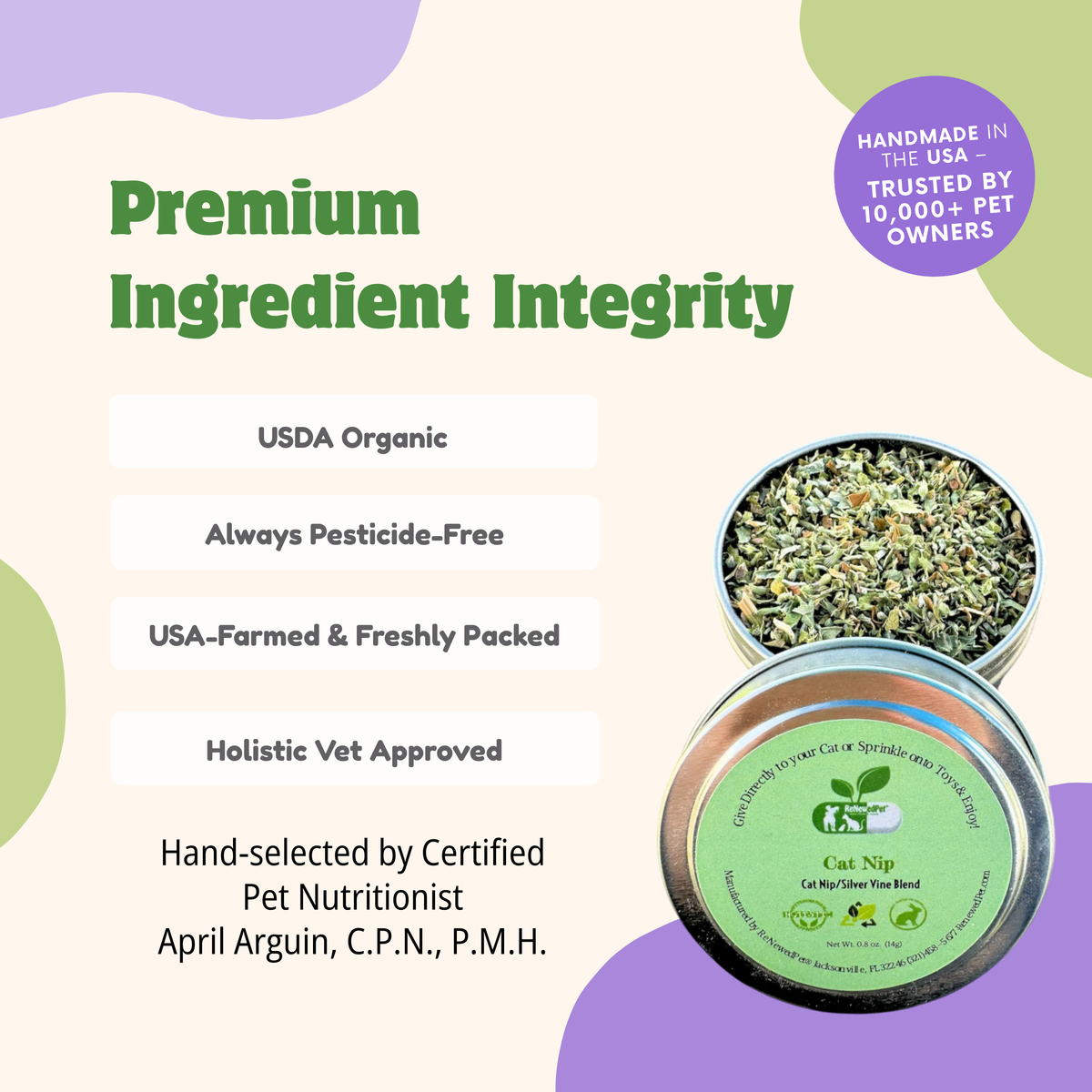 ReNewedPet organic catnip and silver vine mix for cats in a natural herb blend close-up