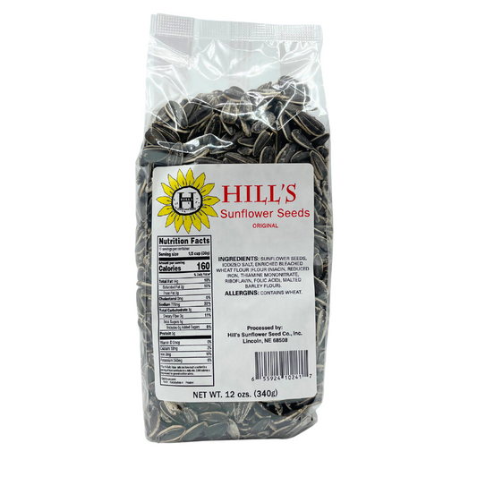 Full 12 oz bag of Hill's Sunflower Seeds with original salt flavor, showcasing a bright yellow sunflower seed package.