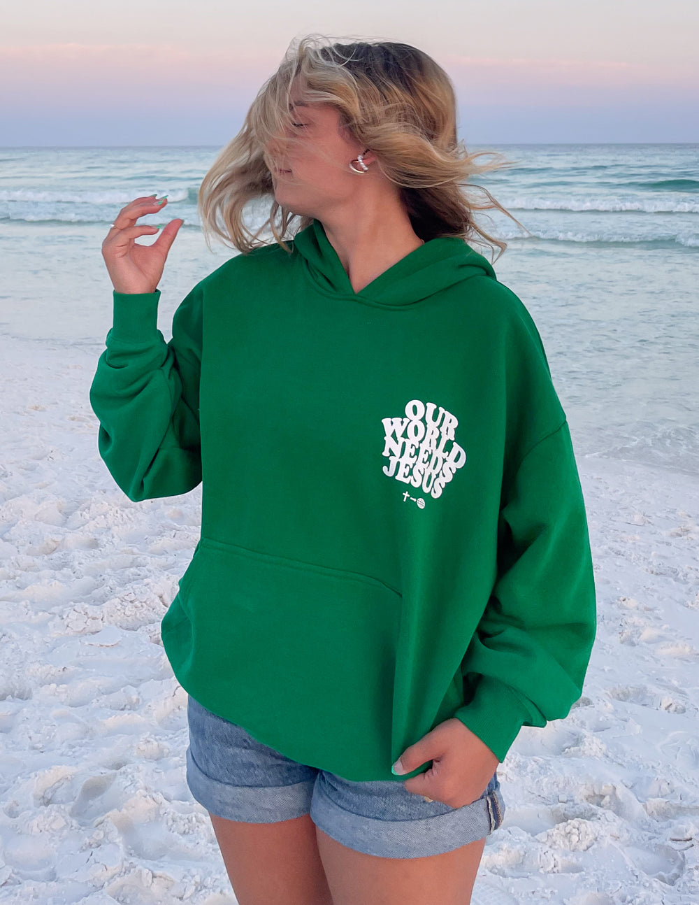 Unisex hoodie featuring "Our World Needs Jesus" printed design by Elevated Faith, casual apparel for men and women.