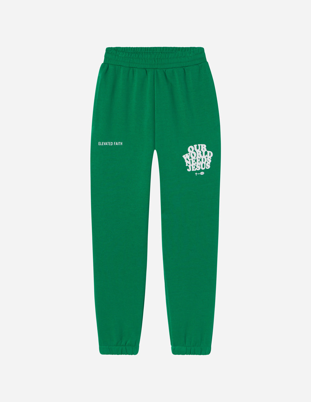 Unisex sweatpant by Elevated Faith featuring "Our World Needs Jesus" text, comfortable fit, casual style in neutral fabric.