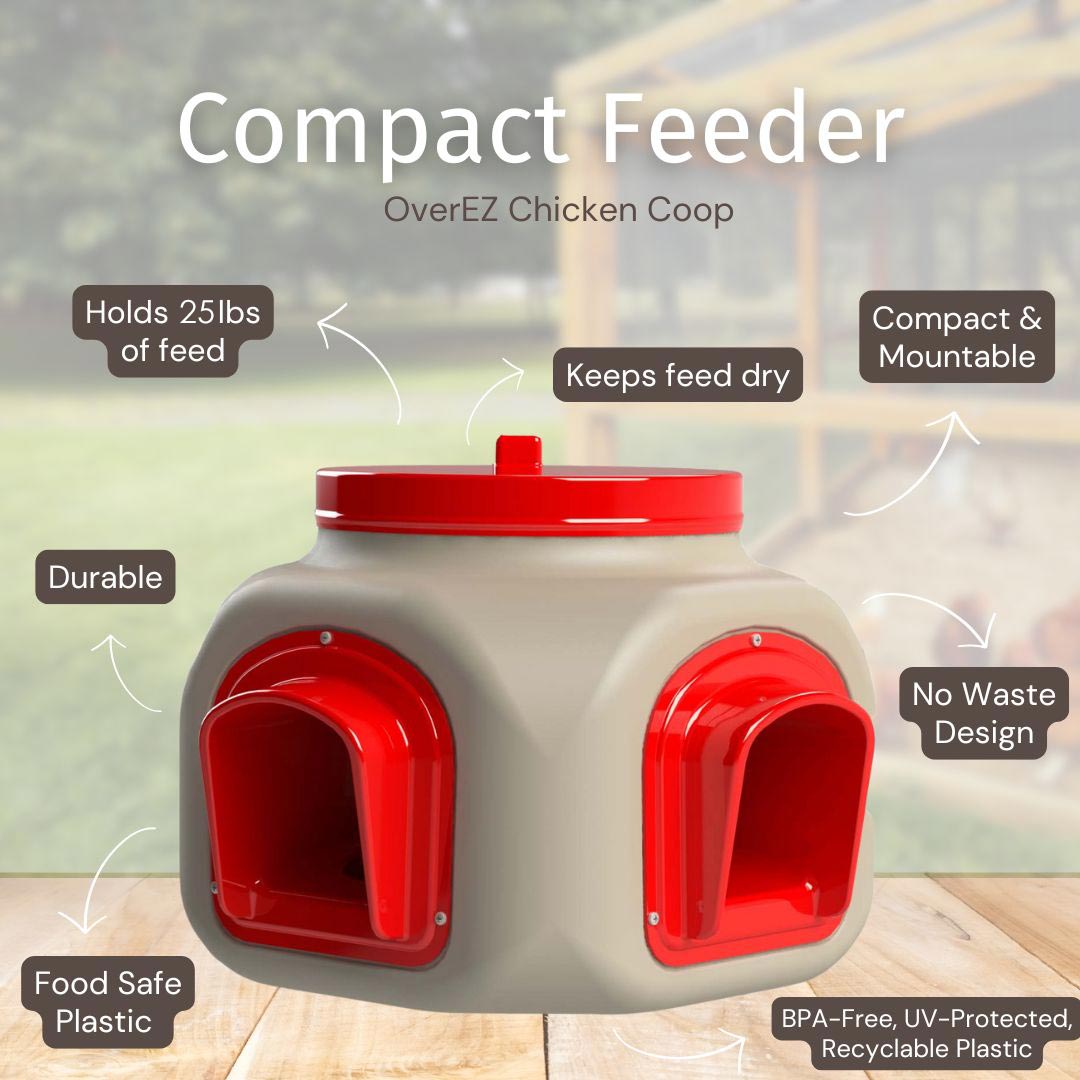 OverEZ Compact Chicken Feeder with removable tray and adjustable feed settings, designed for easy chicken coop feeding.