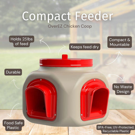 OverEZ Compact Chicken Feeder with removable tray and adjustable feed settings, designed for easy chicken coop feeding.