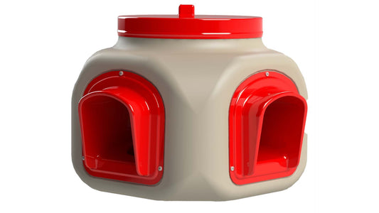 OverEZ Chicken Coop compact chicken feeder with front view showing its feeding tray and durable plastic construction.