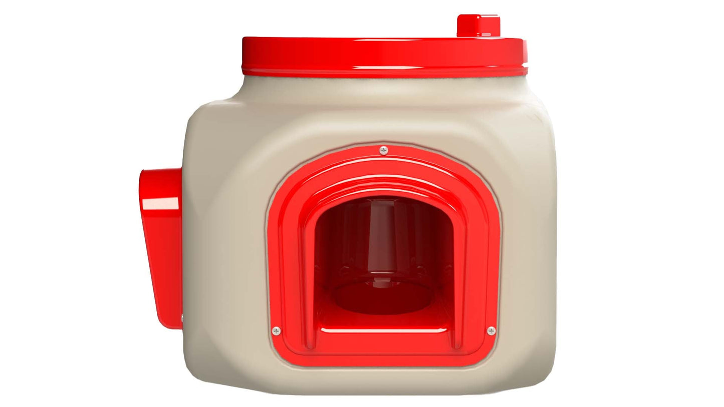 Side view of OverEZ Compact Chicken Feeder showing its small, durable design for easy feeding in chicken coops