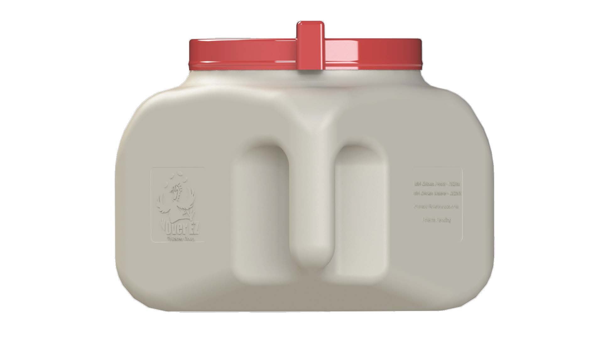 Rear view of OverEZ Compact Chicken Waterer showing its durable plastic construction and easy-access drinking spout for chickens.