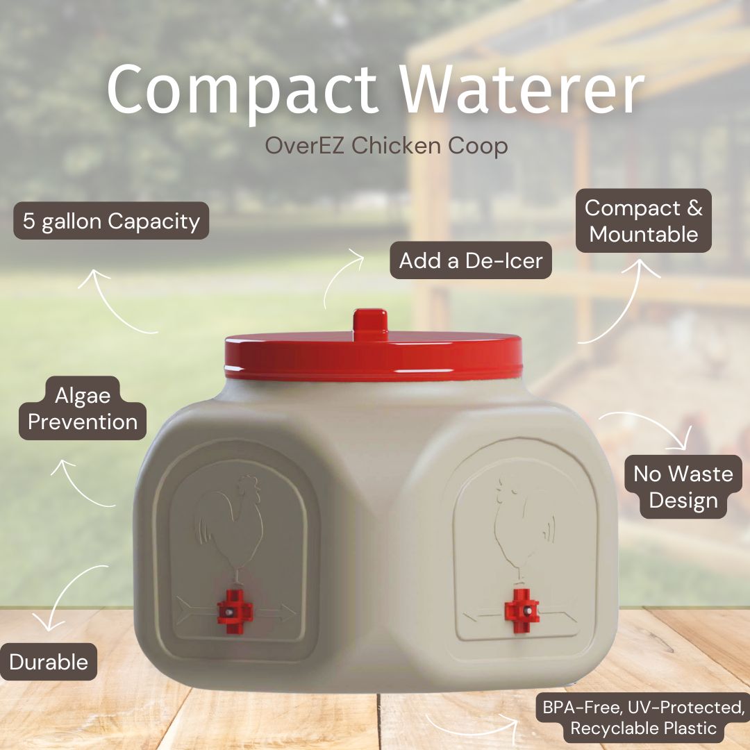 OverEZ Compact Chicken Waterer showing a clear plastic container with a metal spout, designed for easy watering of backyard chickens.
