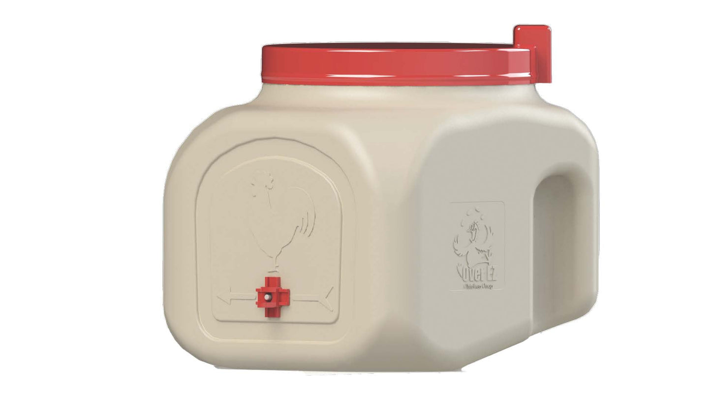 OverEZ Compact Chicken Waterer shown from a quarter angle with clear plastic reservoir and metal spout for easy access.