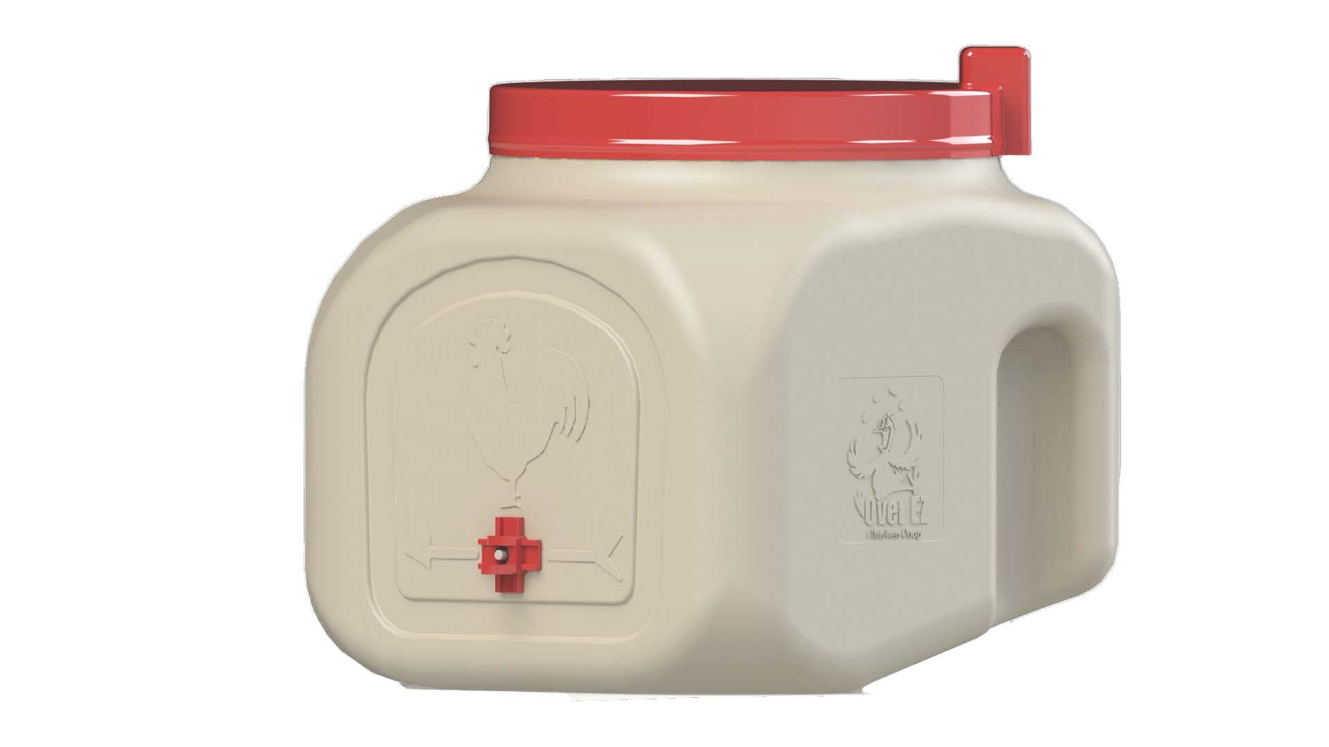OverEZ Compact Chicken Waterer shown from a quarter angle with clear plastic reservoir and metal spout for easy access.