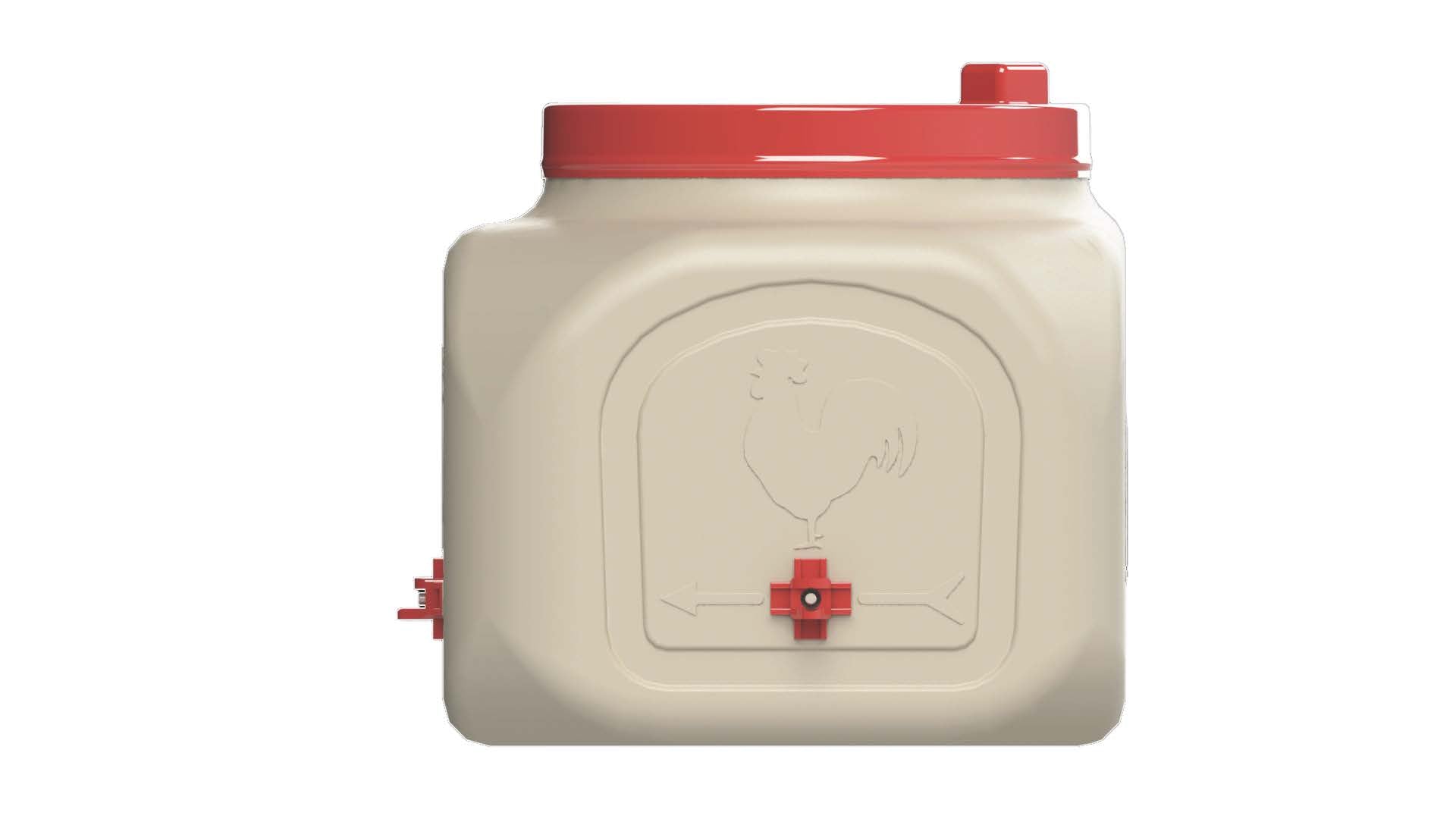 OverEZ Compact Chicken Waterer showing side view, portable plastic poultry waterer for chickens in a coop or backyard setting.