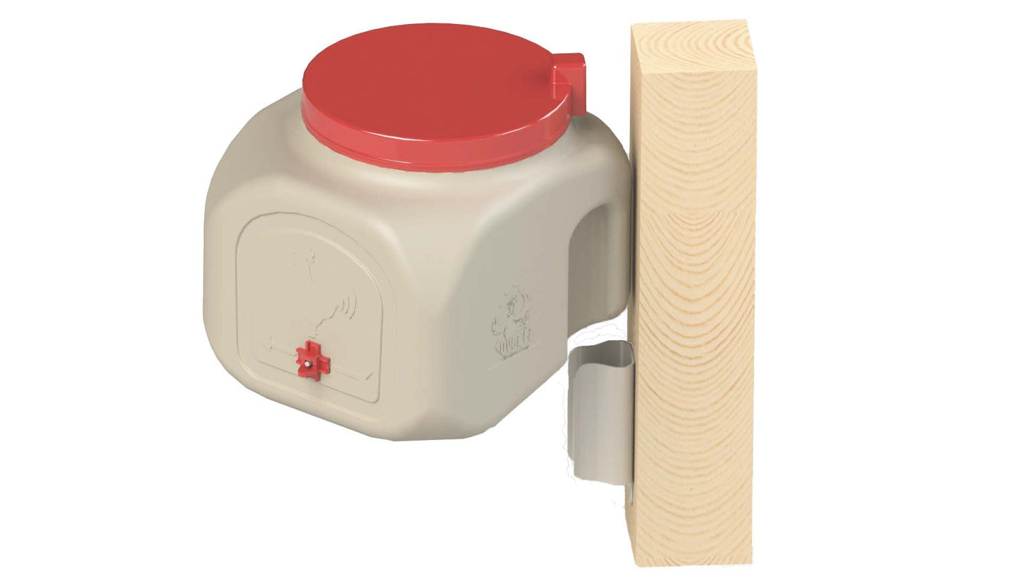OverEZ Compact Chicken Waterer with bracket, clear plastic container and metal spout for easy refilling and clean water access.