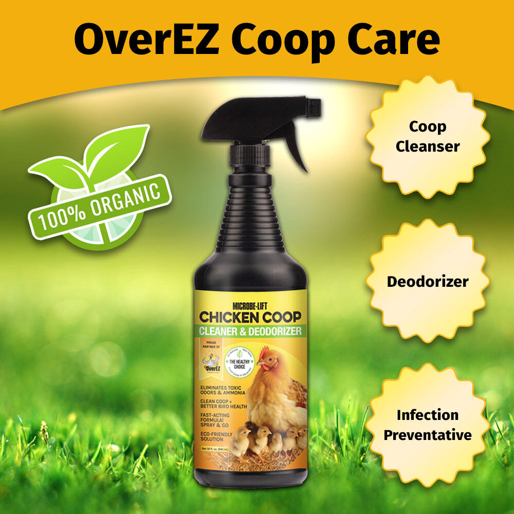 OverEZ Chicken Coop Cleaner and Deodorizer bottle, 32 oz, for cleaning and freshening chicken coops and poultry housing.