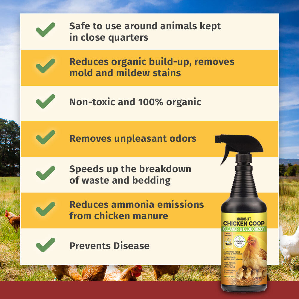 OverEZ Chicken Coop cleaner and deodorizer bottle, designed for maintaining fresh, clean chicken coops with Microbe-Lift formula.
