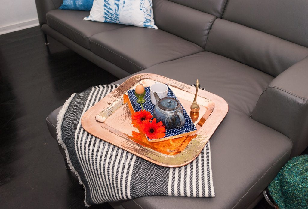 Copper Thessaly square platter by Sertodo, showcasing a polished, square-shaped serving platter with a copper finish and elegant design.