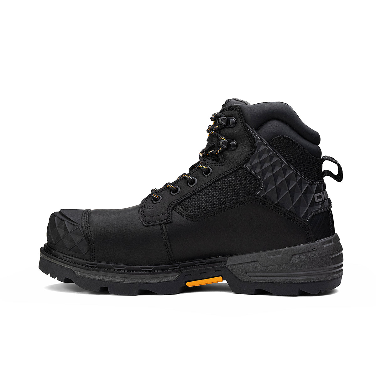 Black Chinook® Work Boot with 6-inch pallet jack sole, composite toe, waterproof design, sturdy construction for industrial work.