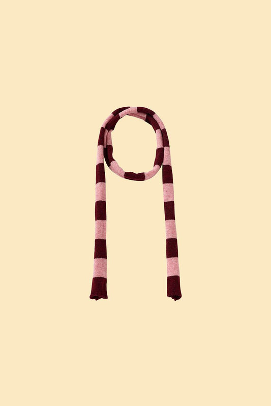 Pink and white striped BarkBarkBaby Rosé Bliss thin scarf with tassels, designed as a stylish accessory for babies.