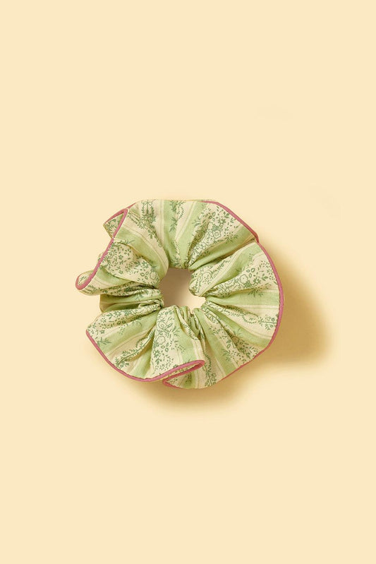 Handmade Picnic Bliss floral gingham print scrunchie by BarkBarkBaby, featuring colorful fabric and elastic for hair styling.