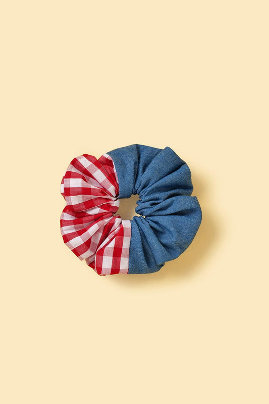 Handmade BarkBarkBaby Park Day Denim Gingham print scrunchie with soft fabric and elastic band, styled for casual wear.