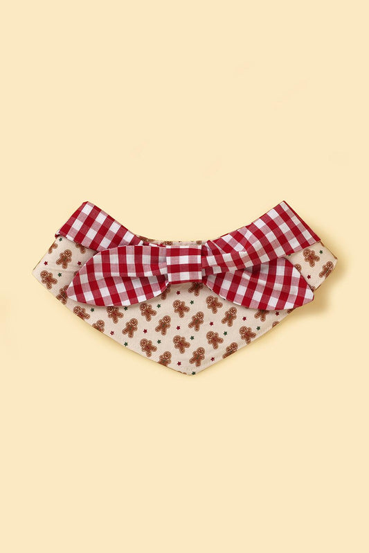 Handmade Christmas Morning Gingerbread Man gingham print baby bandana by BarkBarkBaby, featuring festive holiday design.
