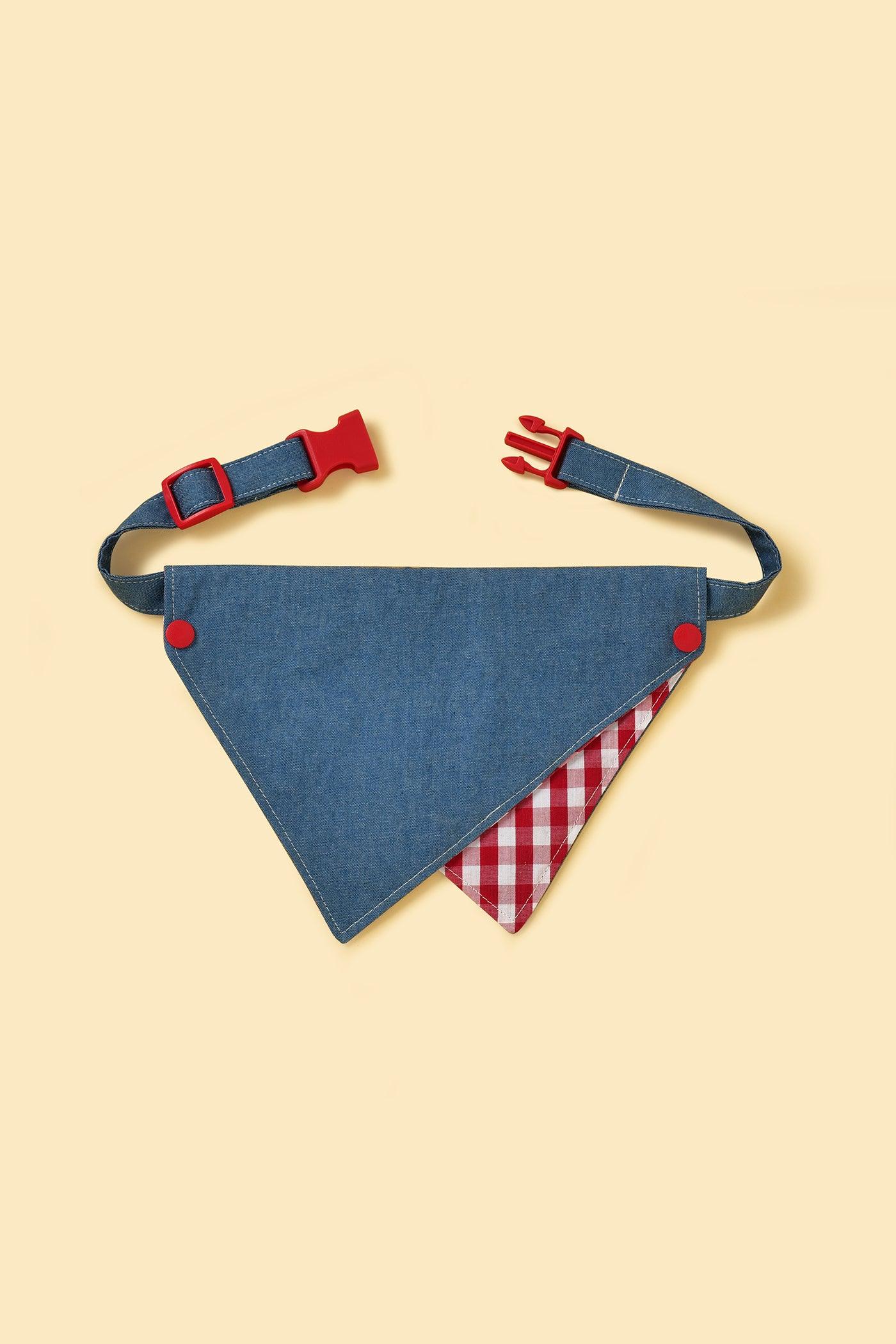 Handmade BarkBarkBaby Park Day denim gingham print bandana with blue and white checkered pattern on soft fabric.