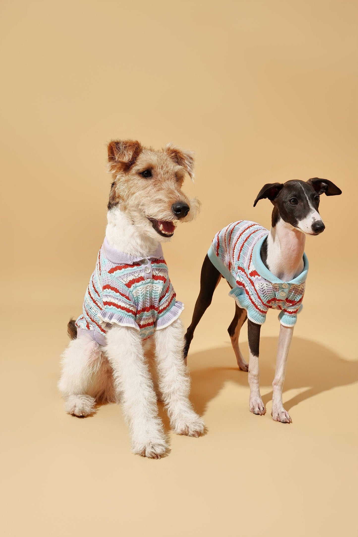 Pet & Me lavender crochet polo shirt for pets, short sleeve ruffle design, by BarkBarkBaby, perfect for spring and summer wear.