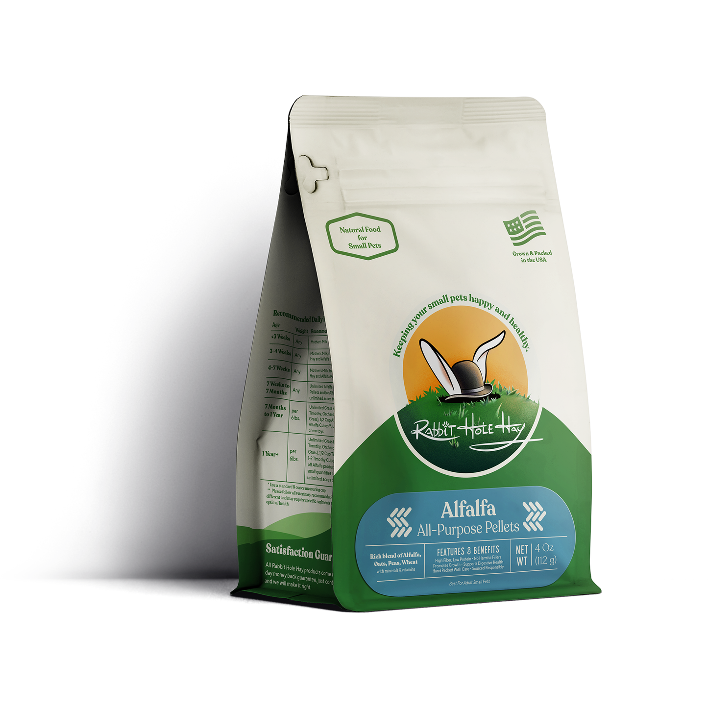 Rabbit Hole Hay all-natural alfalfa pellets for small animals, shown in a clear image of green, compact pellets.